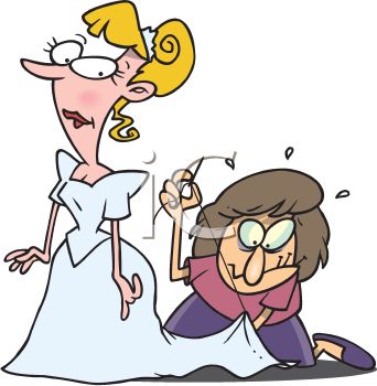 Cartoon Bride Having Her Dress Altered   Royalty Free Clip Art Image