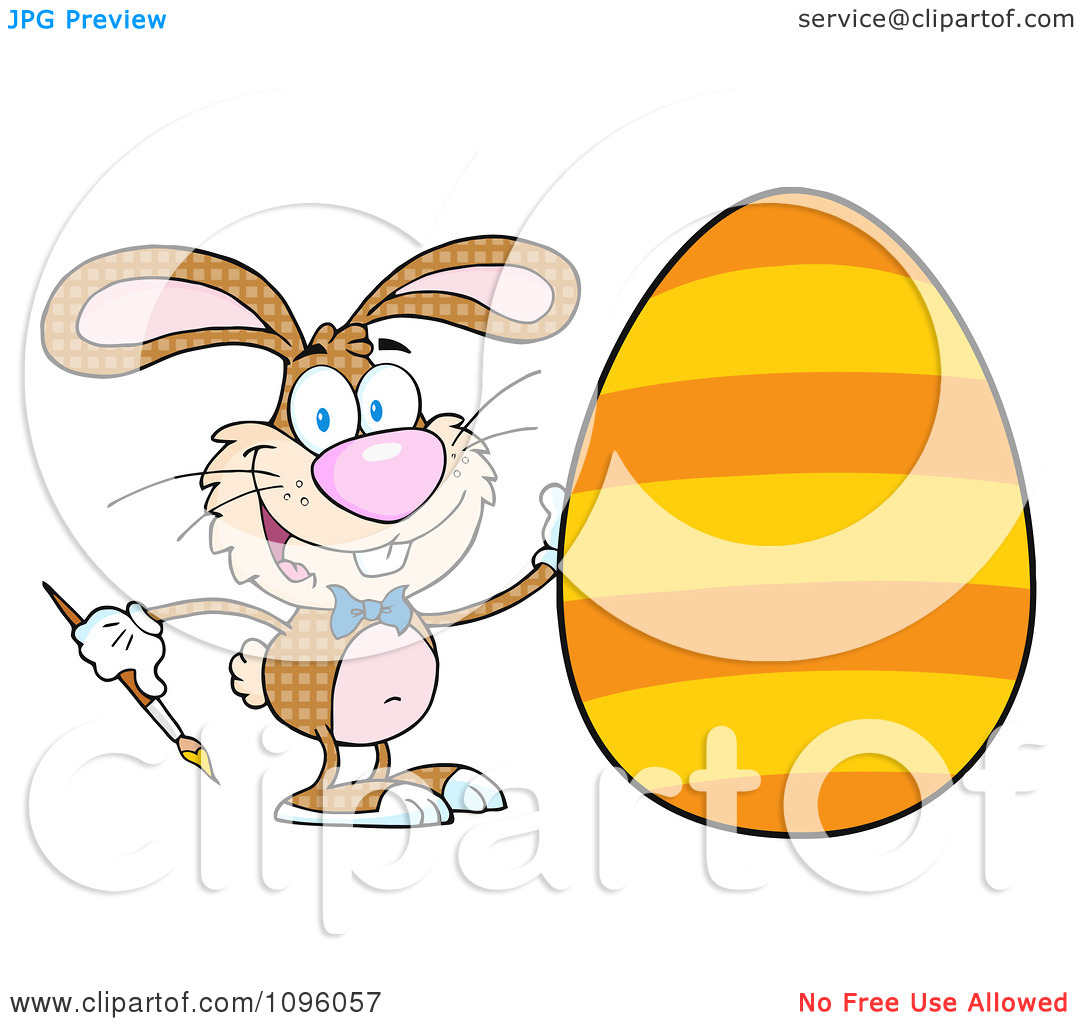Clipart Happy Bunny Painting An Easter Egg With Orange Stripes    