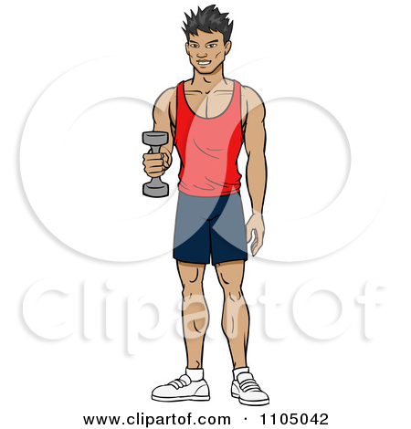 Clipart Strong Asian Man Lifting A Dumbbell At The Gym   Royalty Free