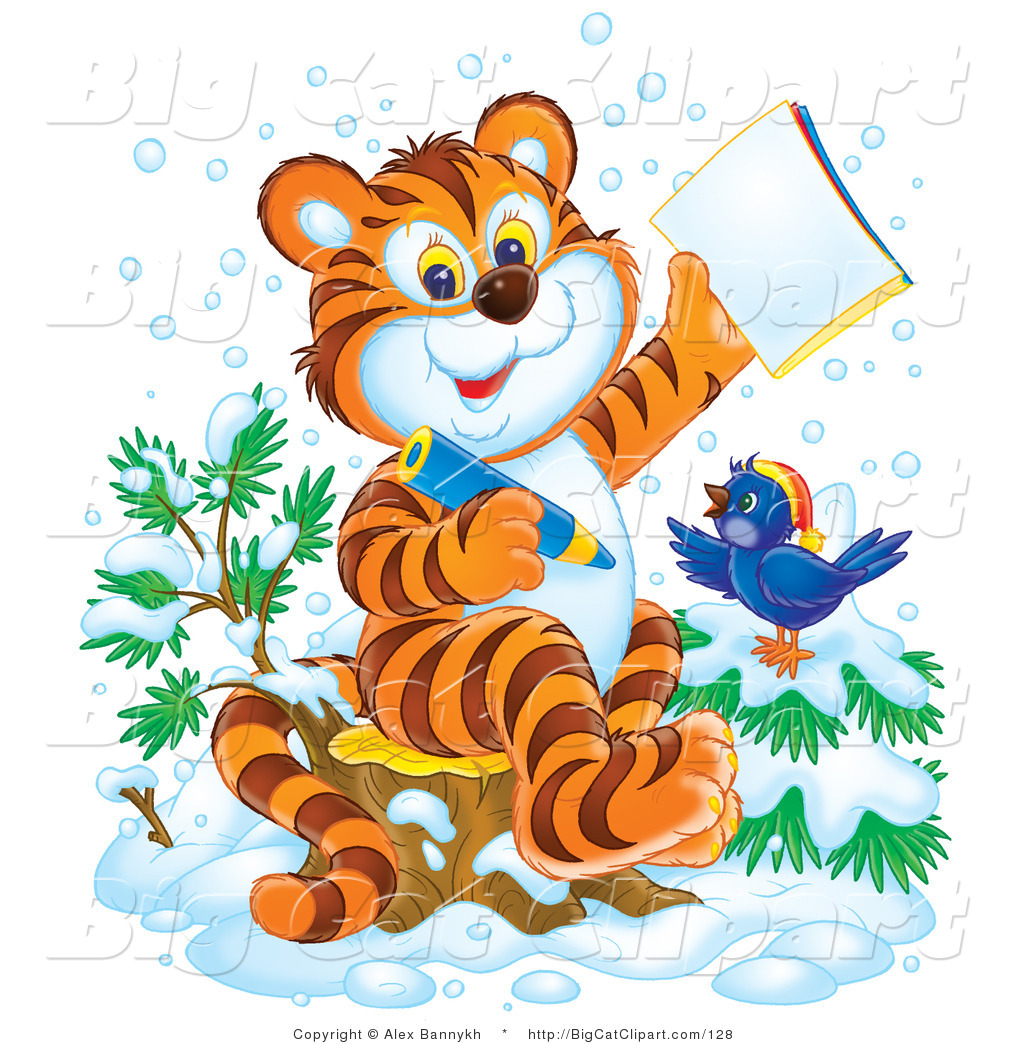 Big Cat Clipart Student Tiger Cub And Bird The Snow Coloring