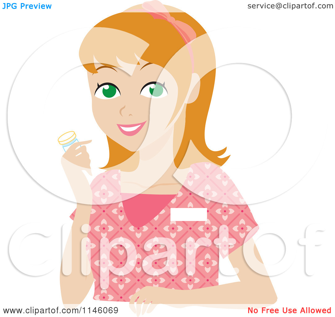Clipart Of A Happy Blond Caregiver Woman In Scrubs Holding A Pill    