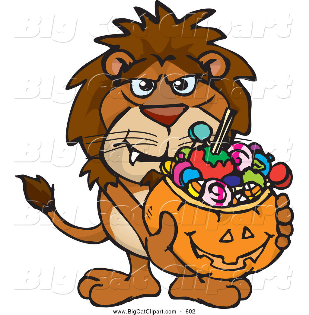 Scary Trick Or Treating Lion Holding A Pumpkin Basket Full Of