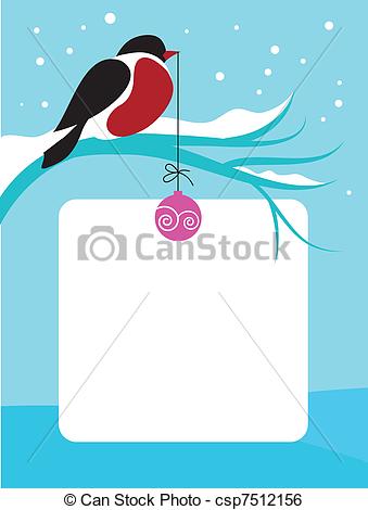 Vector   Red Chect Bird On Branch With Snow   Stock Illustration