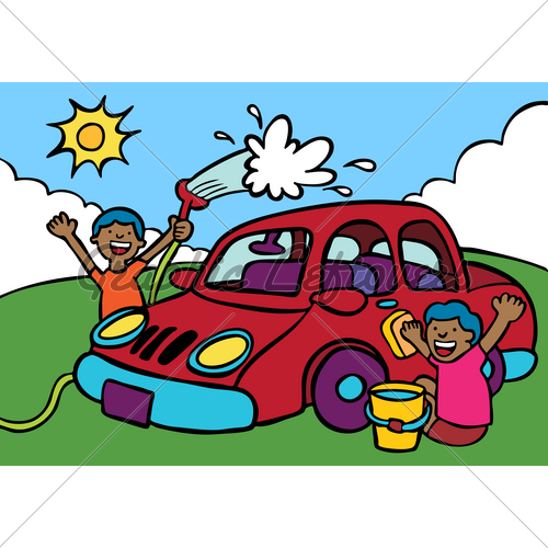 Cartoon Image Of Two Kids Washing A Car 
