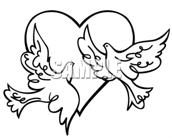 Clipart Of A Two Doves Flying In Front Of A Heart   Valentine Clipart