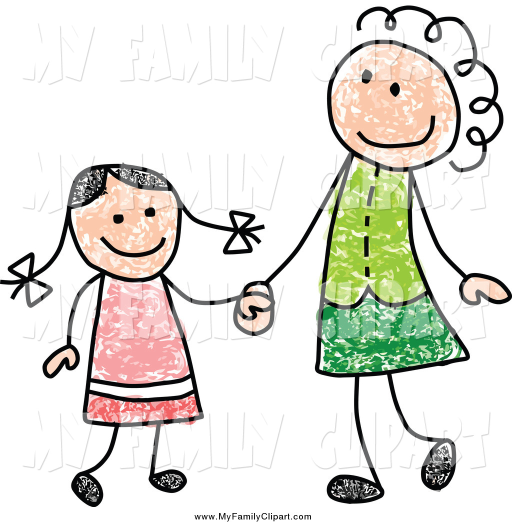 Larger Preview  Clip Art Of A Happy Stick Mother And Daughter Holding