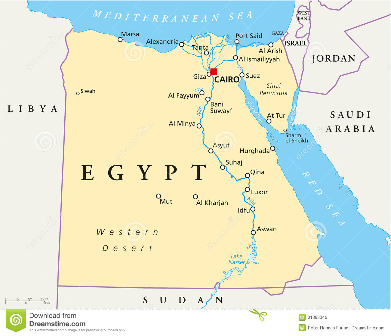 Map Of Egypt With National Borders Cities Rivers And Lakes 