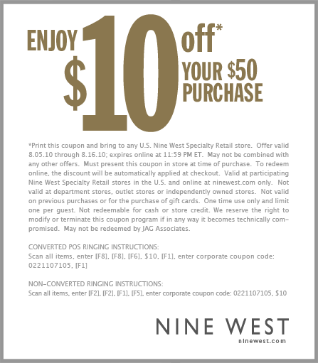 Nine West Printable Coupon For  10 Off A  50 Order   Fabuloussavings