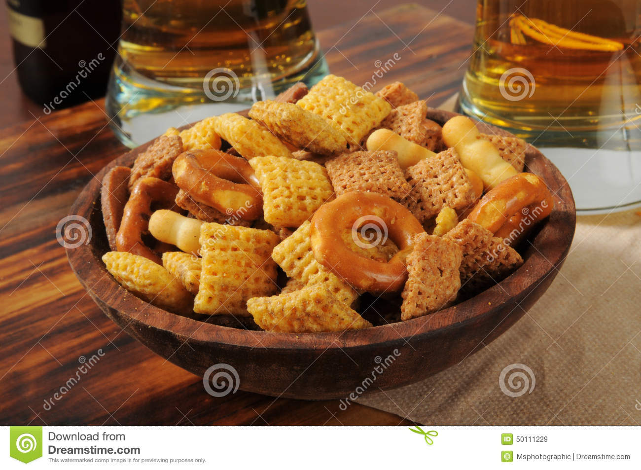 Snack Mix Of Pretzels Rice And Wheat Cereal And Crackers On A Bar