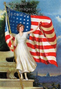 Vintage Illustration Of Lady  Liberty  And  Old Glory  American Flag
