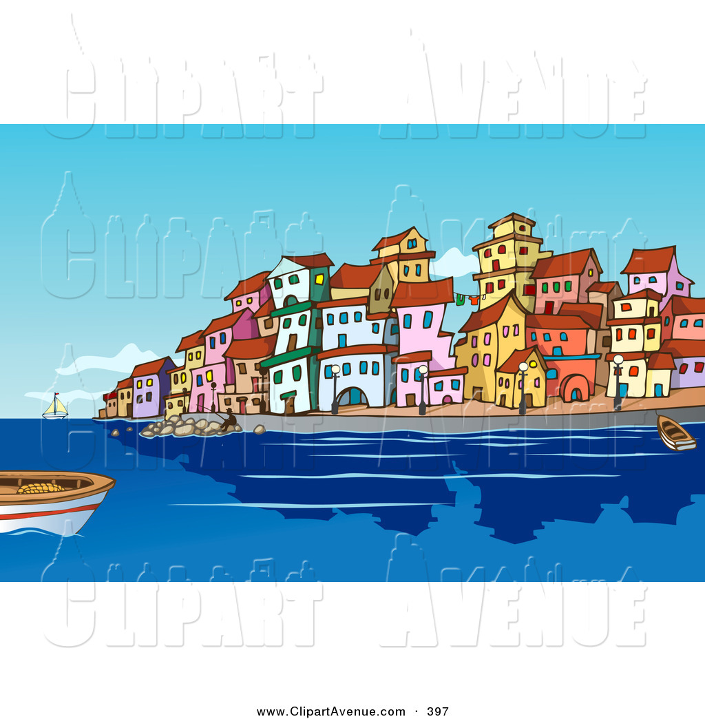 Avenue Clipart Of Boats And People In The Harbor Near A Mediterranean