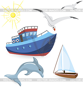 Boats Dolphin Seagulls   Vector Clipart