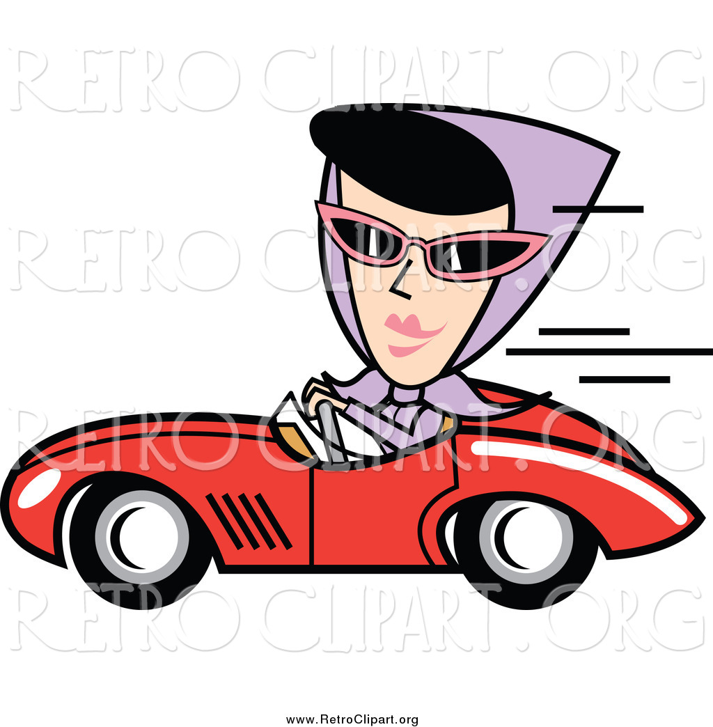 Clipart Of A Retro Lady Driving A Convertible Car In A Purple Head