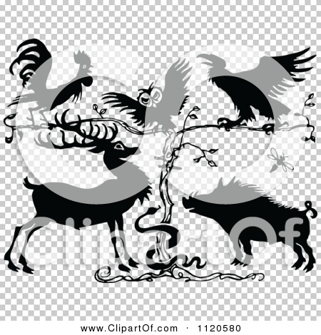 Clipart Of A Retro Vintage Black And White Rooster Owl Crow Deer Snake    