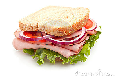 Delicious Ham Sandwich With Whole Wheat Bread On White Background