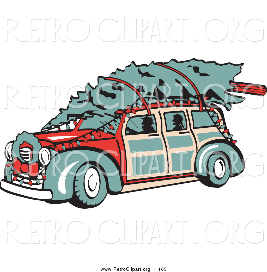 Retro Clipart Of A Red Woodie Car Carrying A Christmas Tree On The    