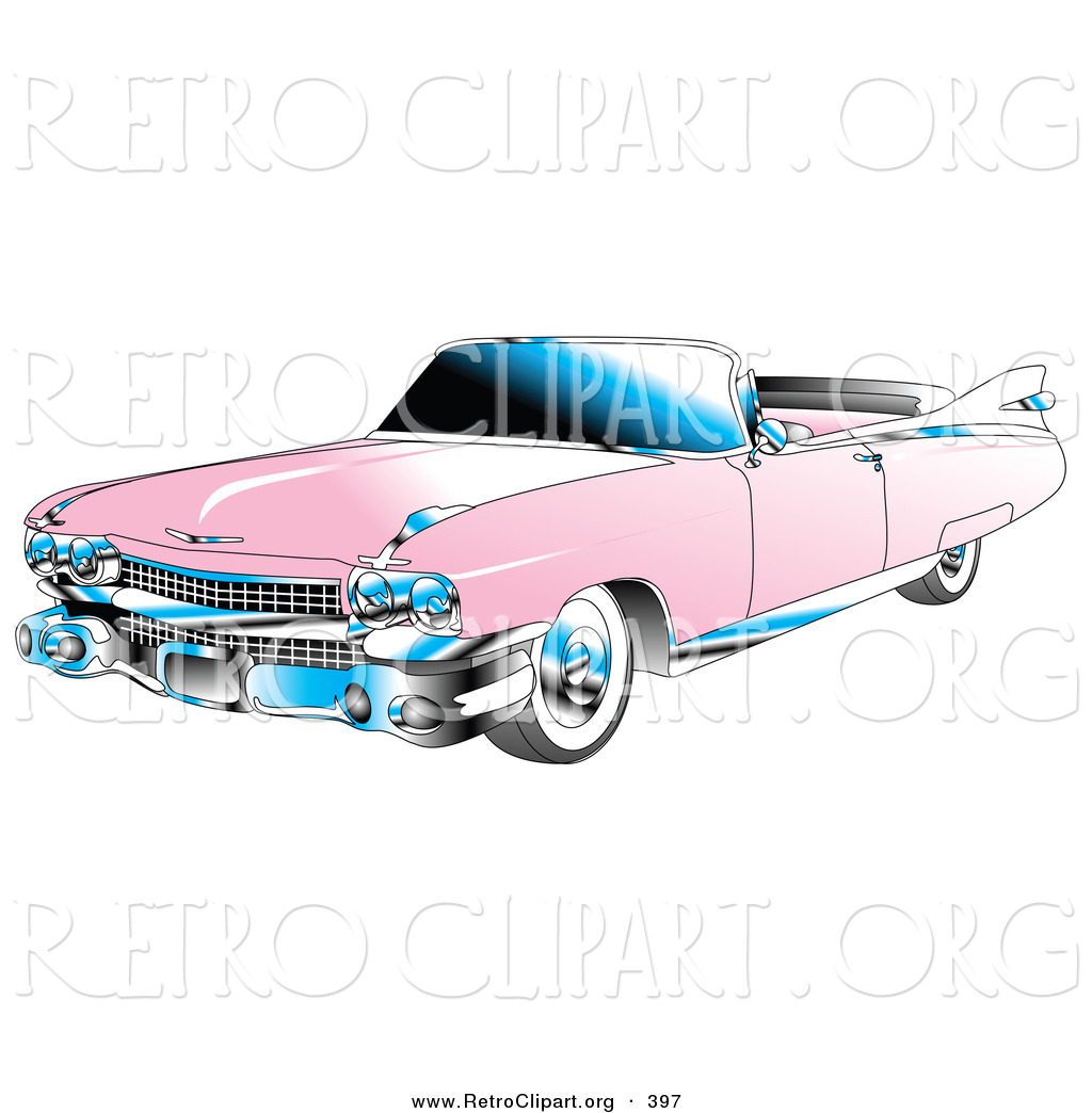Retro Clipart Of A Restored Pink Convertible 1959 Cadillac Car With    