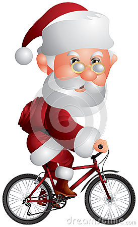 Santa Claus On The Bmx Bicycle Carries Bag With Christmas Presents