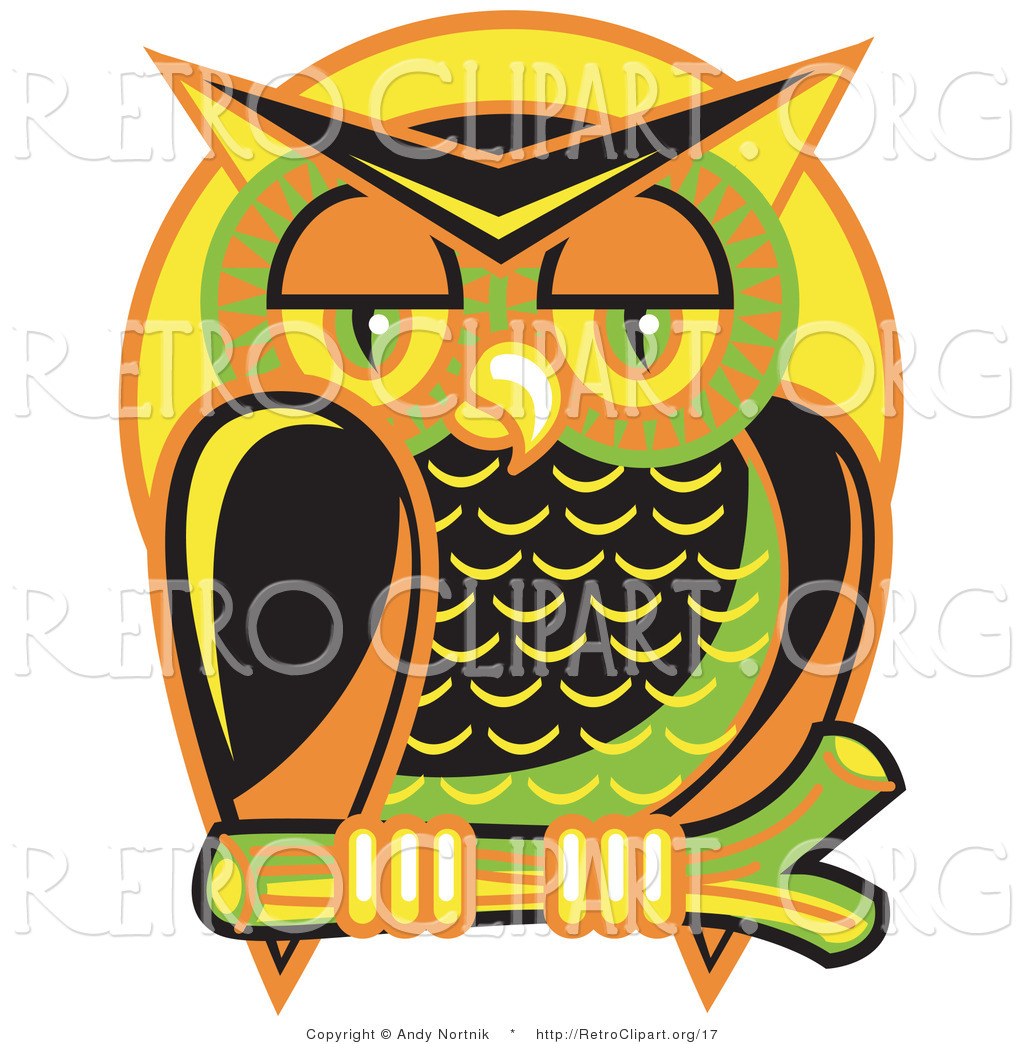 Vector Retro Clipart Of A Wise And Colorful Sleepy Owl Perched On A    