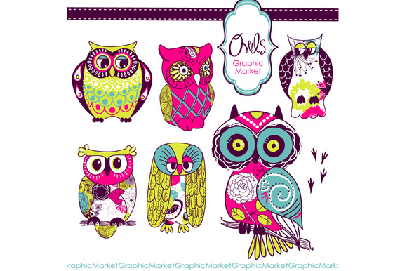 Woodland Owls Retro Clip Art   Illustrations On Creative Market