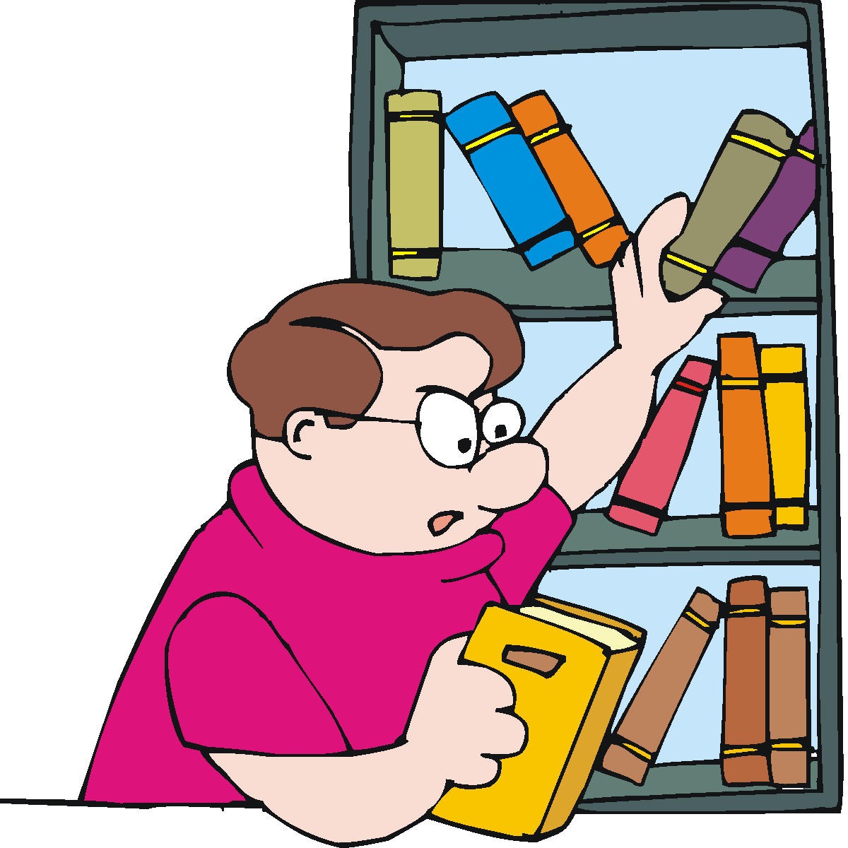 Cartoon Drawing Of Person Sorting Books On Book Shelf