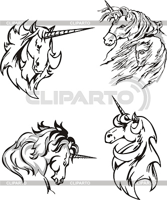 Cuatro Bocetos De Unicornios  Conjunto De Ilustraciones Vectoriales