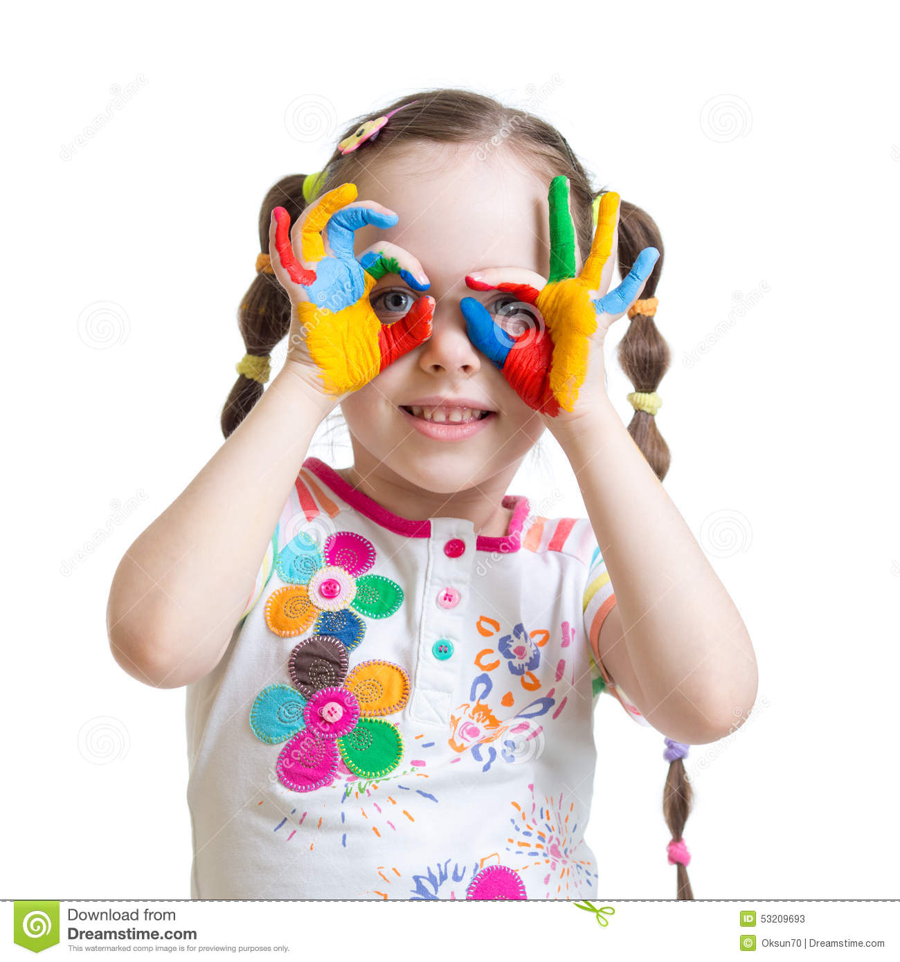 Four Year Old Child Girl With Hands Painted In Color Paints Isolated 