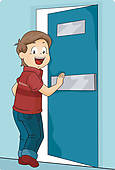 Kid Boy Pushing A Door To Enter   Royalty Free Clip Art