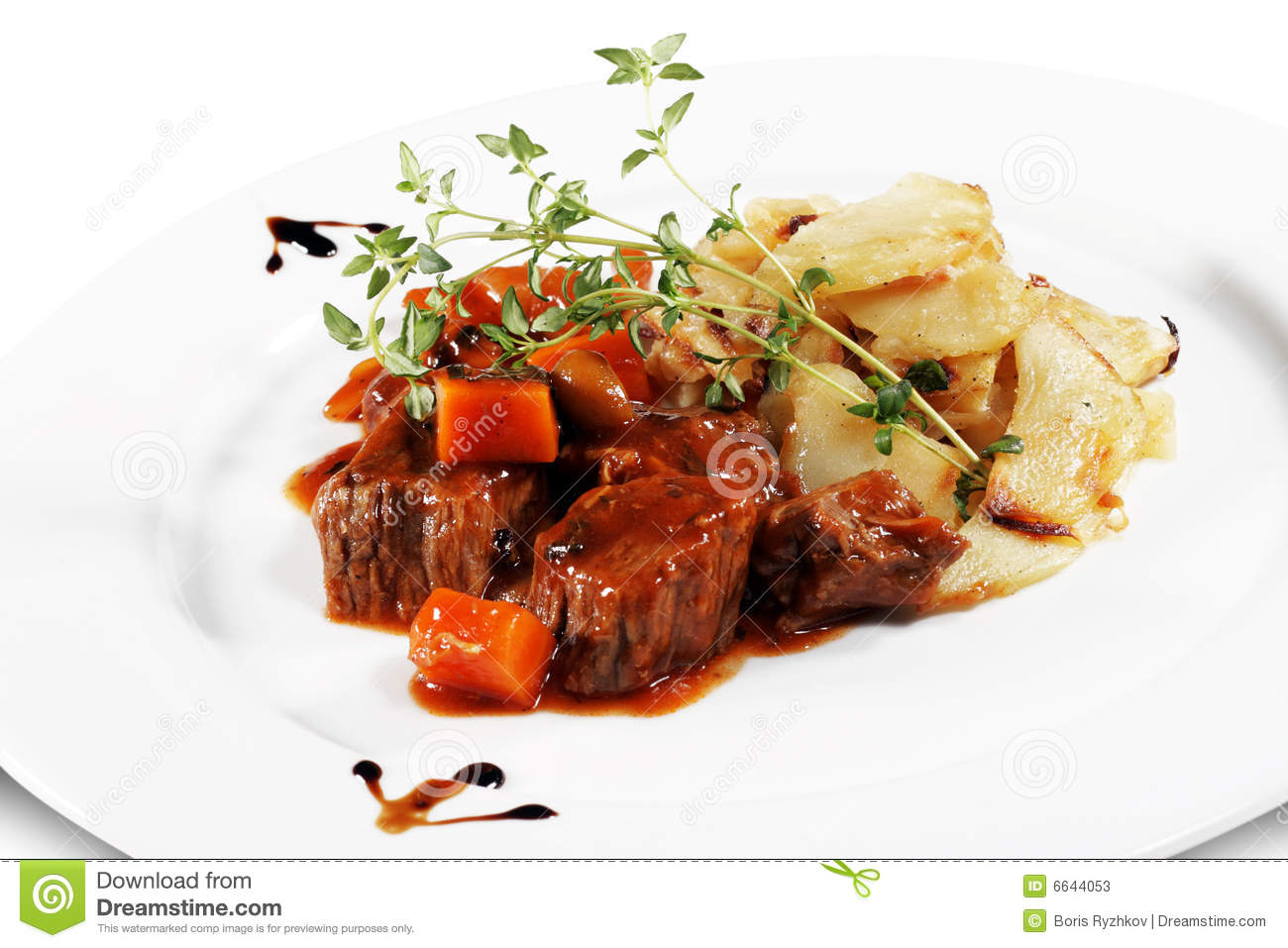 Beef Stew With Potato Served With Green  Isolated On White Background