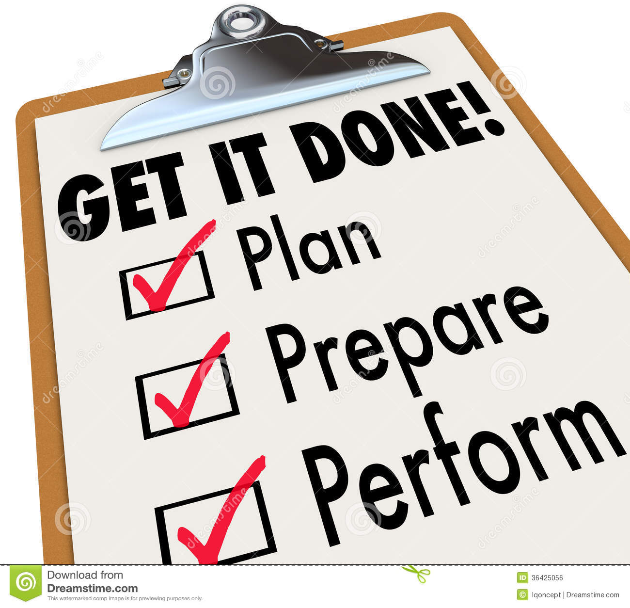 Get It Done Clipboard Checklist Plan Prepare Perform Royalty Free    
