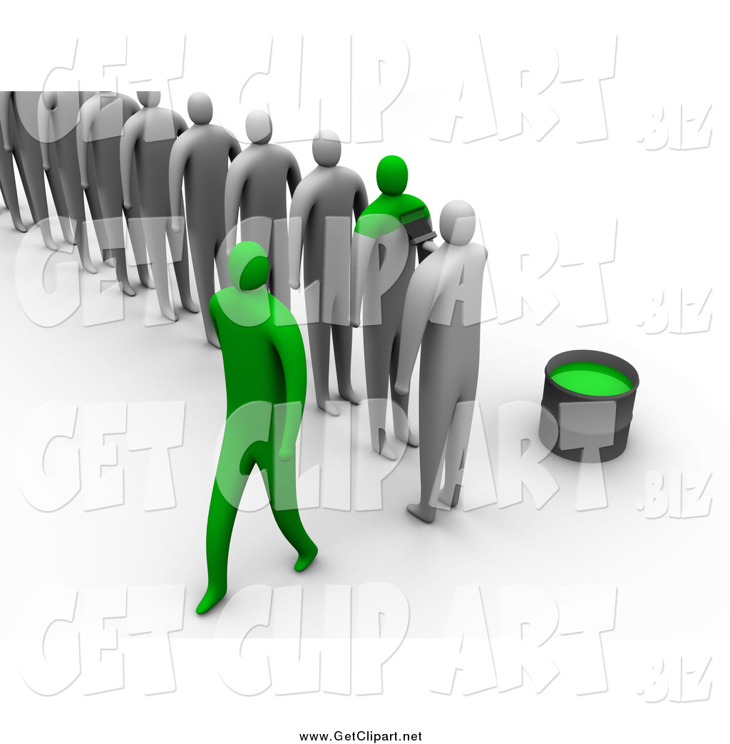 Line Of 3d Gray People Being Painted Green To Become The Same By 3pod