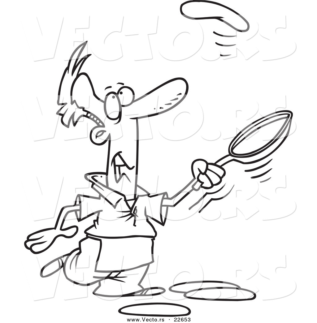 Of A Cartoon Man Learning To Flip Pancakes   Coloring Page Outline