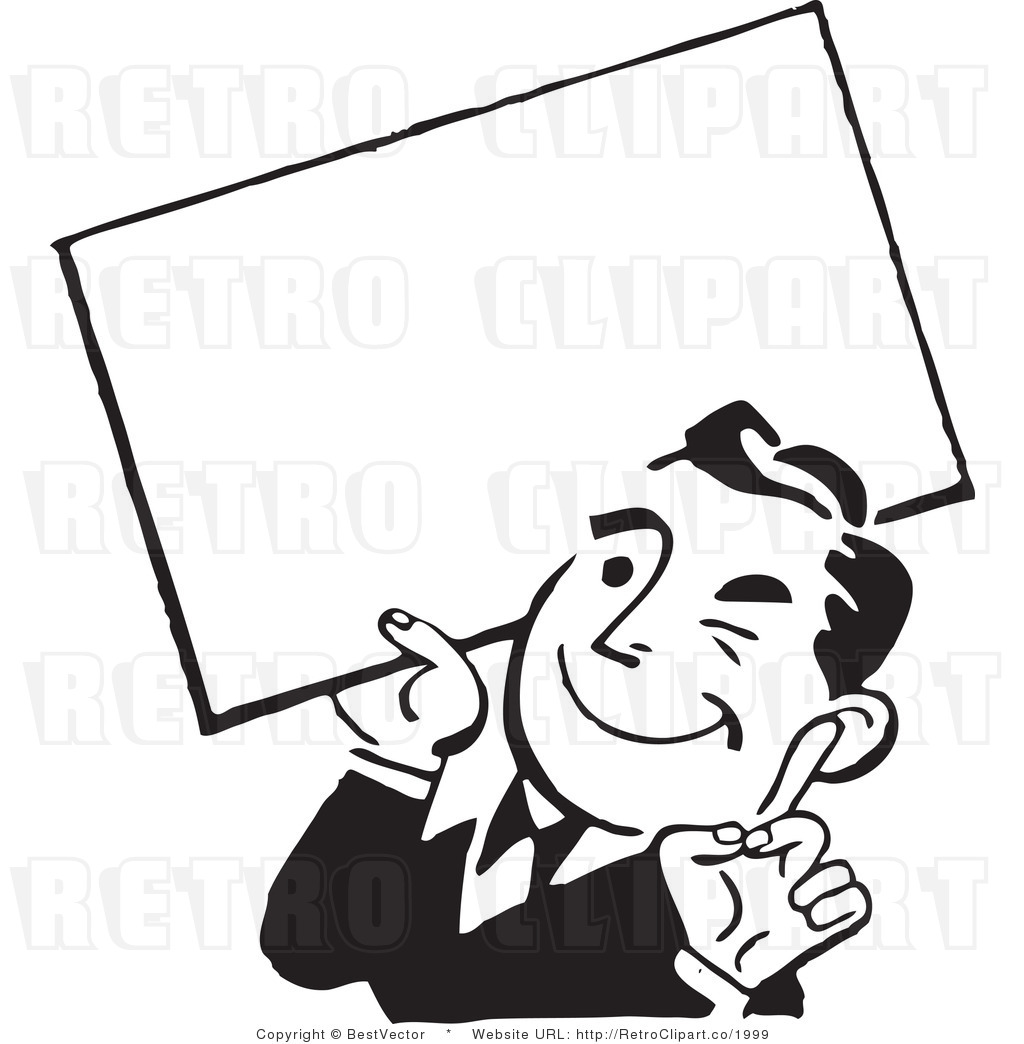 Royalty Free Black And White Retro Vector Clip Art Of A Guy Holding A