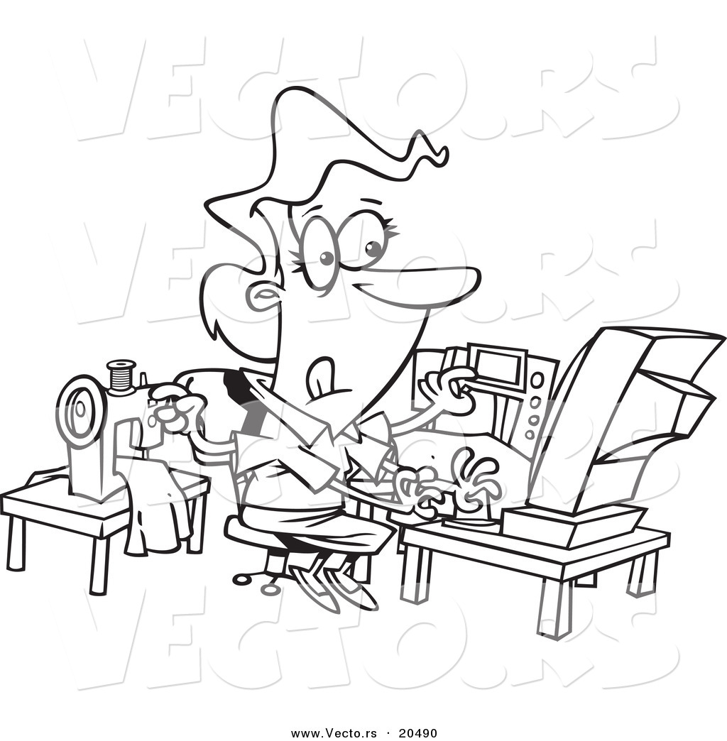 Woman Sewing And Working At The Same Time   Coloring Page Outline