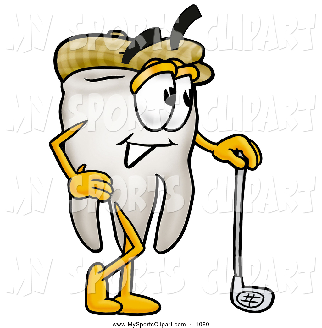 Clip Art Of A Cute Tooth Mascot Cartoon Character Leaning On A Golf