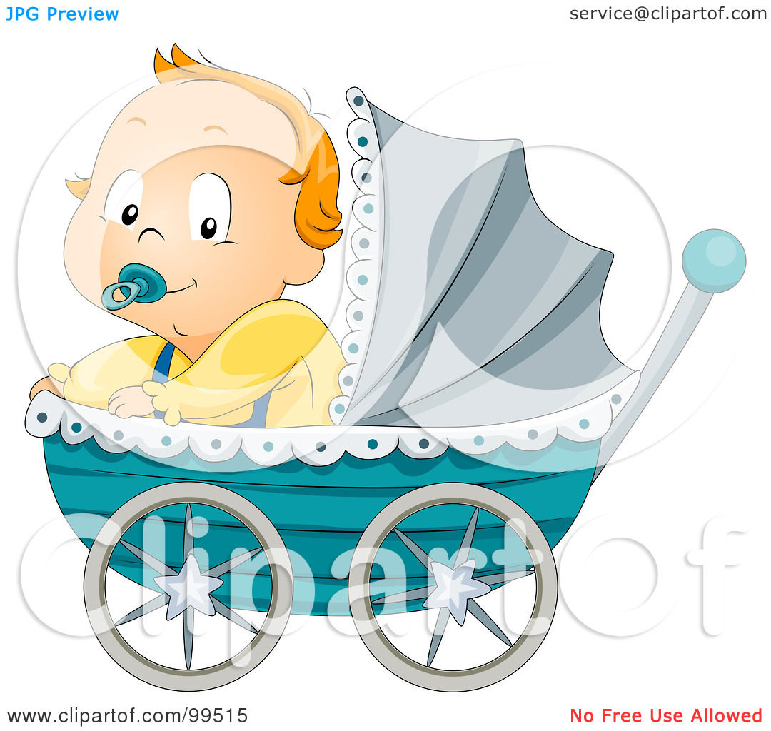 Free  Rf  Clipart Illustration Of A Baby Boy Sitting In A Blue Pram