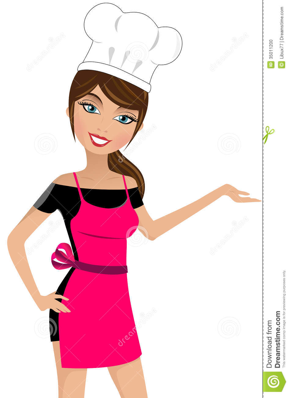 Illustration Of A Beautiful Smiling Woman Chef Presenting Inviting Or