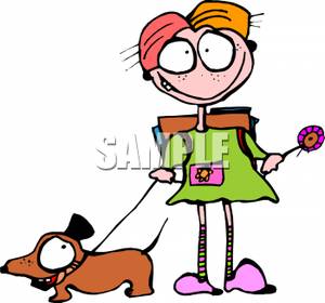 Silly Girl With A Lollipop Walking Her Dog   Royalty Free Clipart
