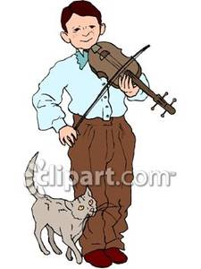 Boy Playing The Violin With His Cat   Royalty Free Clipart Picture