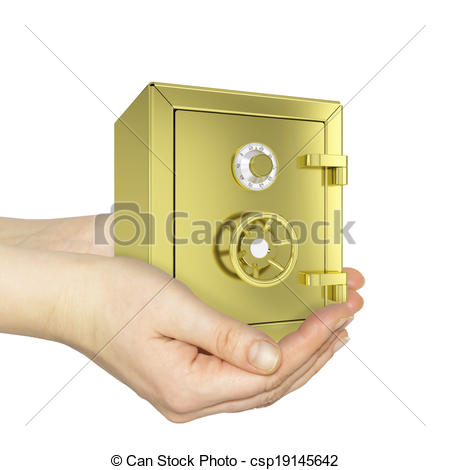 Drawing Of Hands Holding Gold Safe Isolated On White Background Safety
