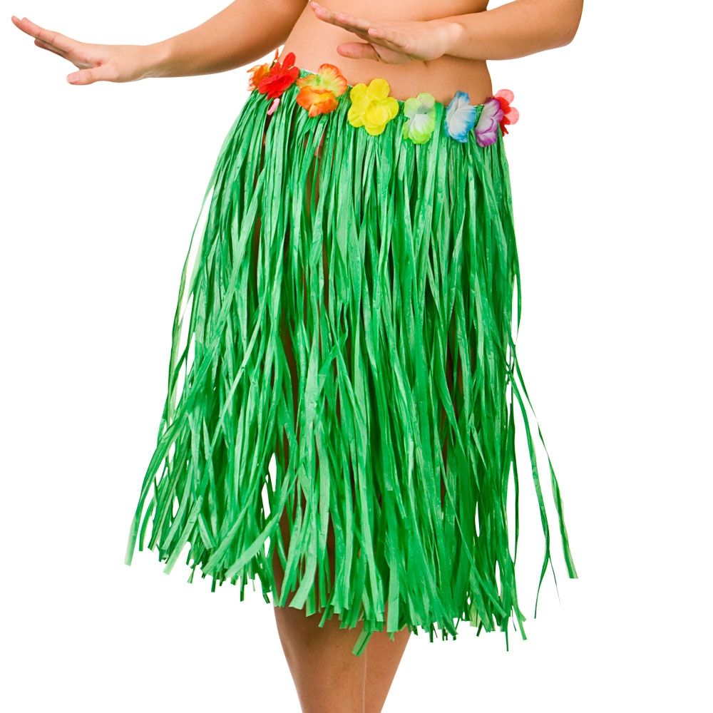 Hawaiian Fancy Dress Grass Hula Skirt   Green With Floral Waist