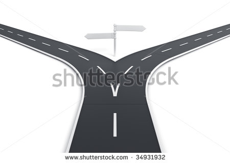 3d Rendering Of A Road Splitting With Road Blank Signs   Stock Photo