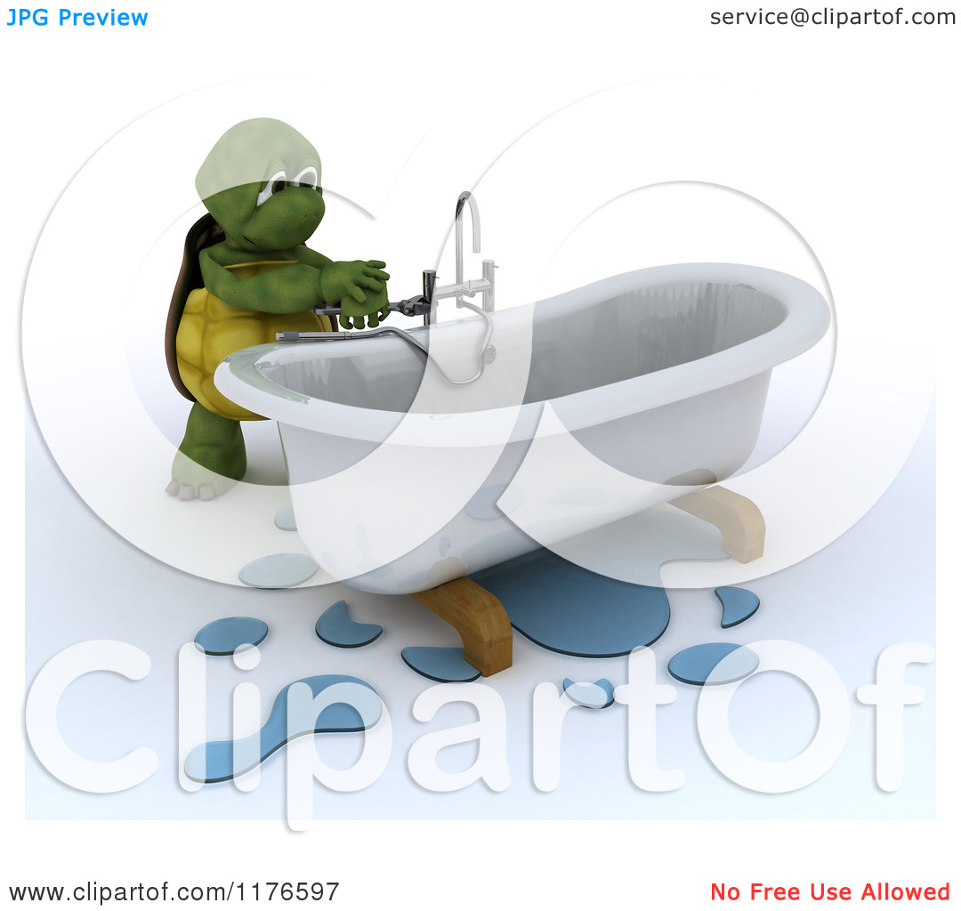 Clipart Of A 3d Plumber Tortoise Fixing A Leaky Bath Tub Pipe 2    