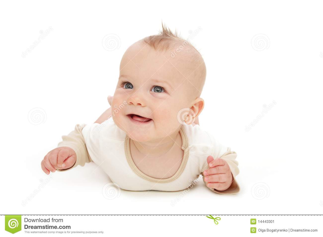 Happy Baby Boy Smiling Tummy Time On White Background
