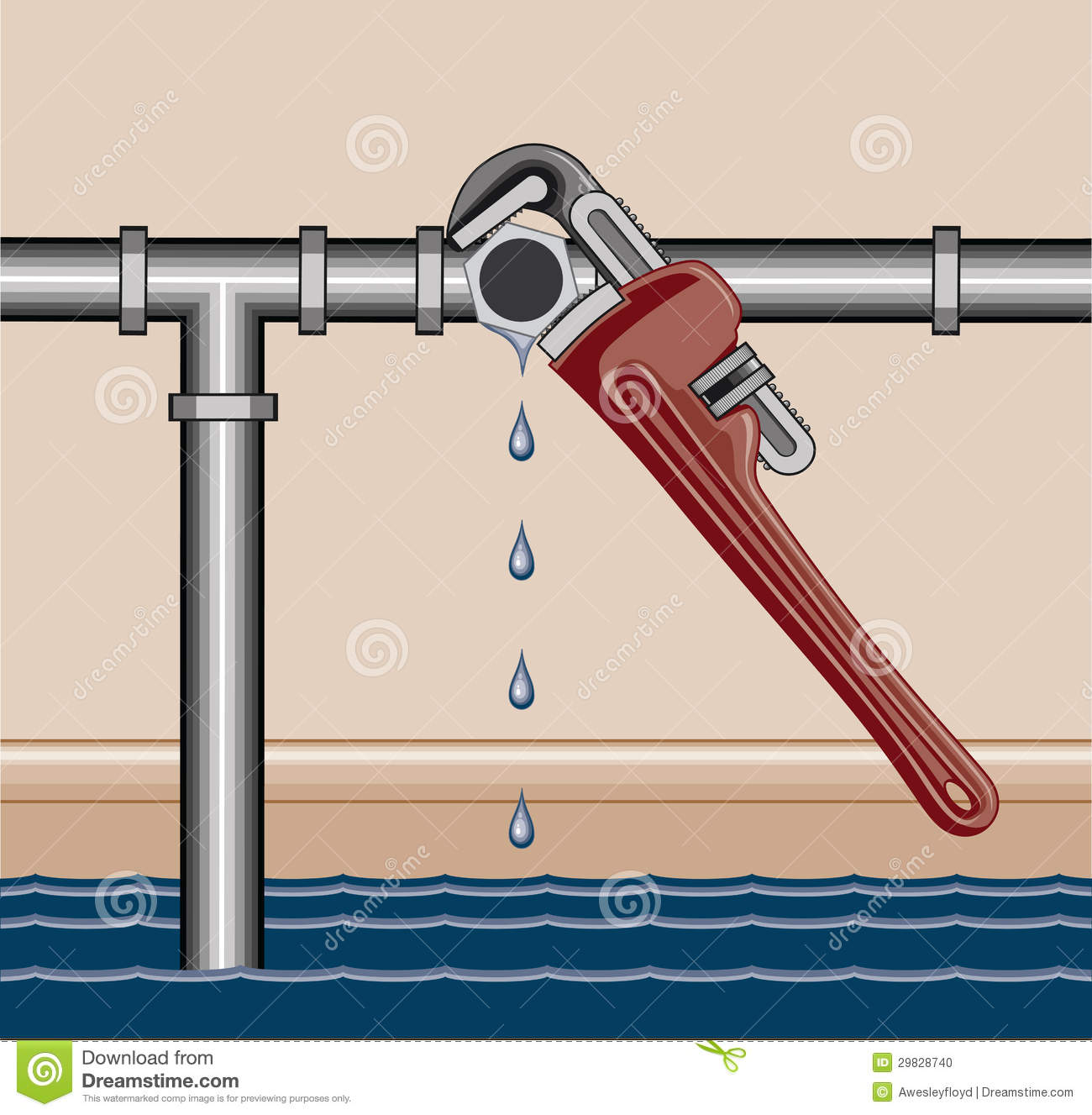 Illustration Of A Leaking Water Pipe Being Repaired Using A Plumbers