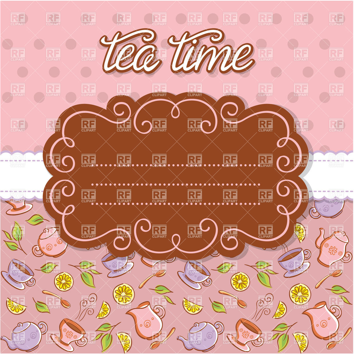 Tea Party Invitation   Curly Frame On Tableware Background 30004    
