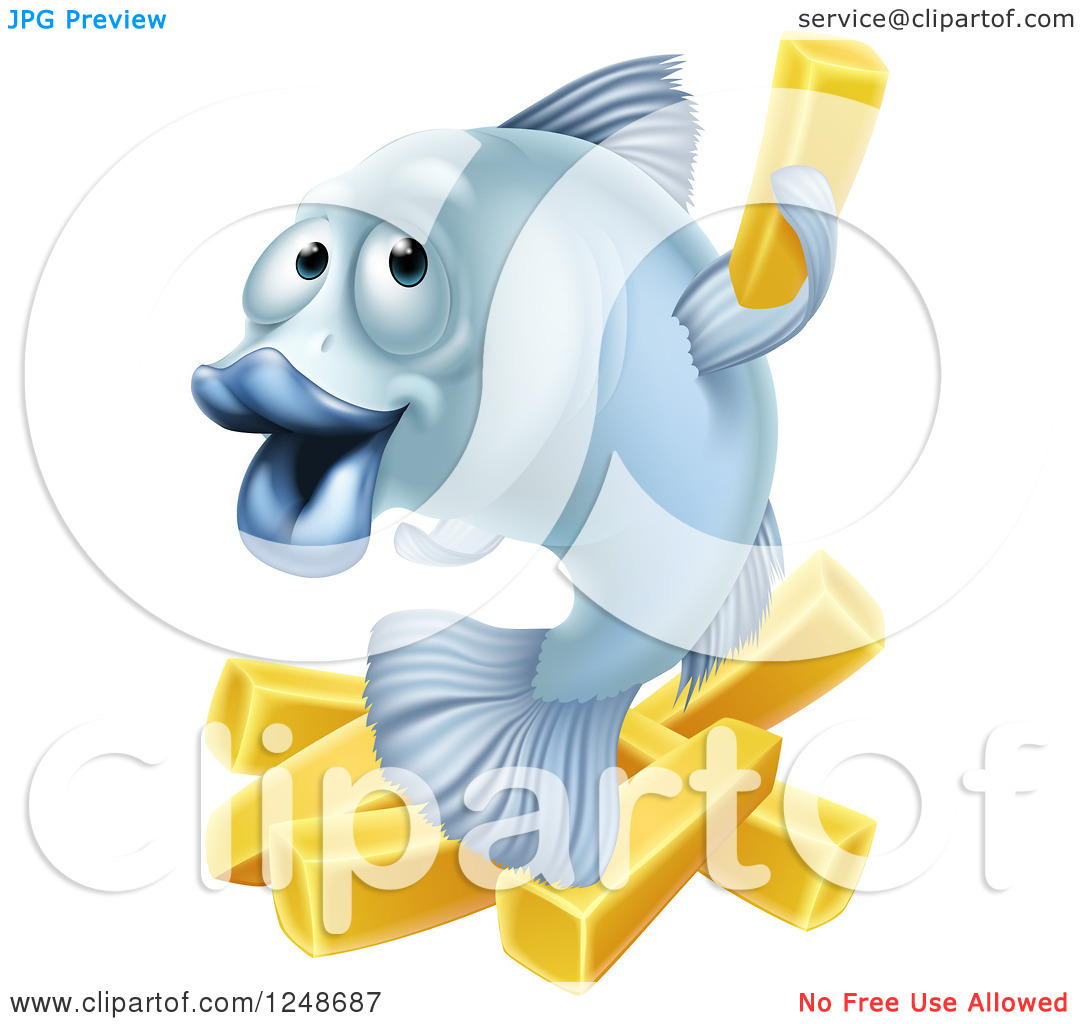 Clipart Of A Happy Blue Cod Fish And Chips Fries   Royalty Free Vector