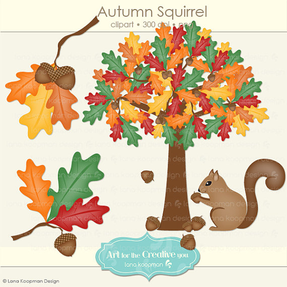 Instant Download Autumn Squirrel Digital Clip Art Fall Leaves Acorns