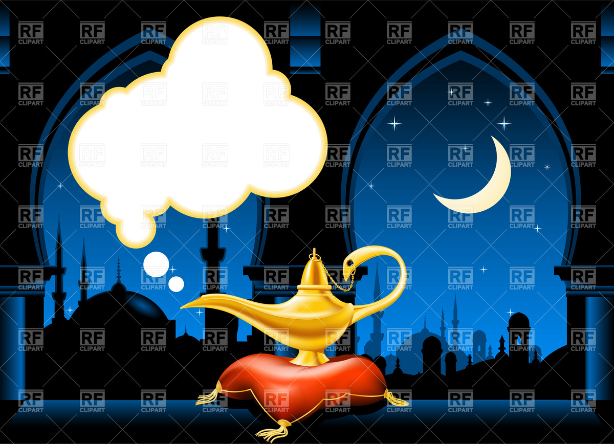 Magic Lamp On The Pillow And Arabic City Skyline Download Royalty