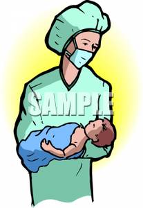 Nurse Wearing A Mask Holding A Newborn Baby   Royalty Free Clipart